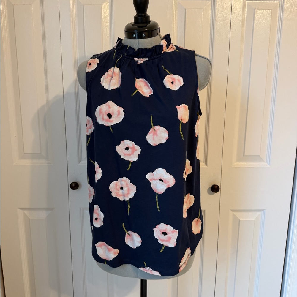 Ann Taylor Factory Navy Floral Ruffle Mock Neck Camisole
